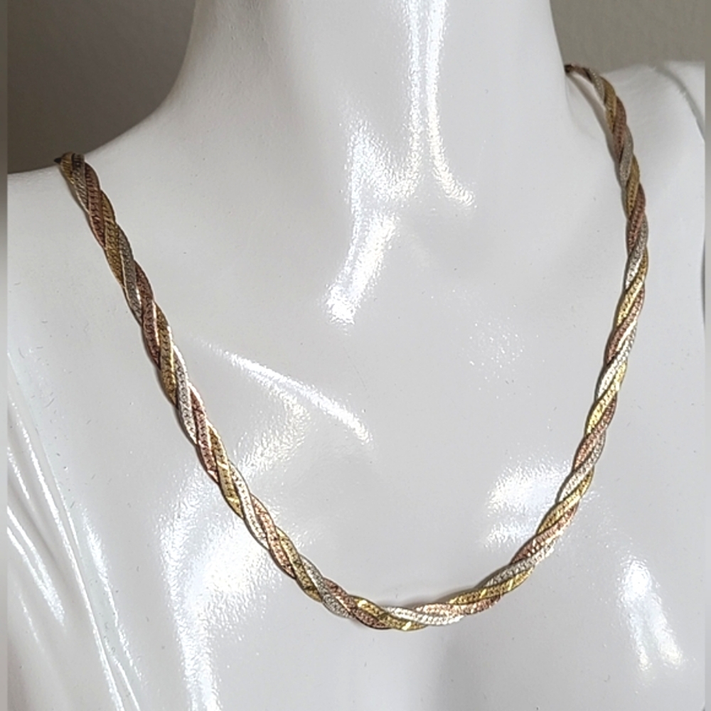 Vintage Italy Tri Colour Mixed Metal Sterling Silver Braided Chain 16" Necklace